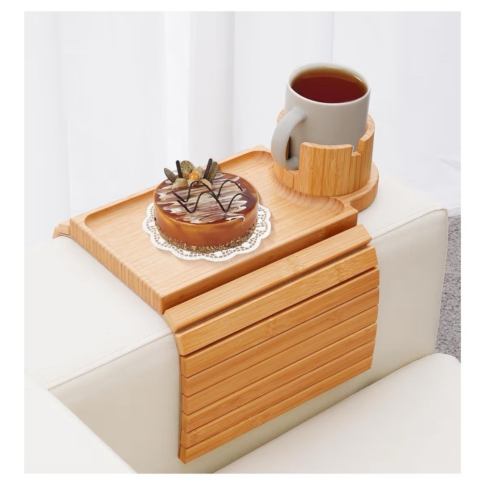 Couch Cup Holder Tray 3 In 1 Large Bamboo Chair Armrest Tray With 360 Cup Holder